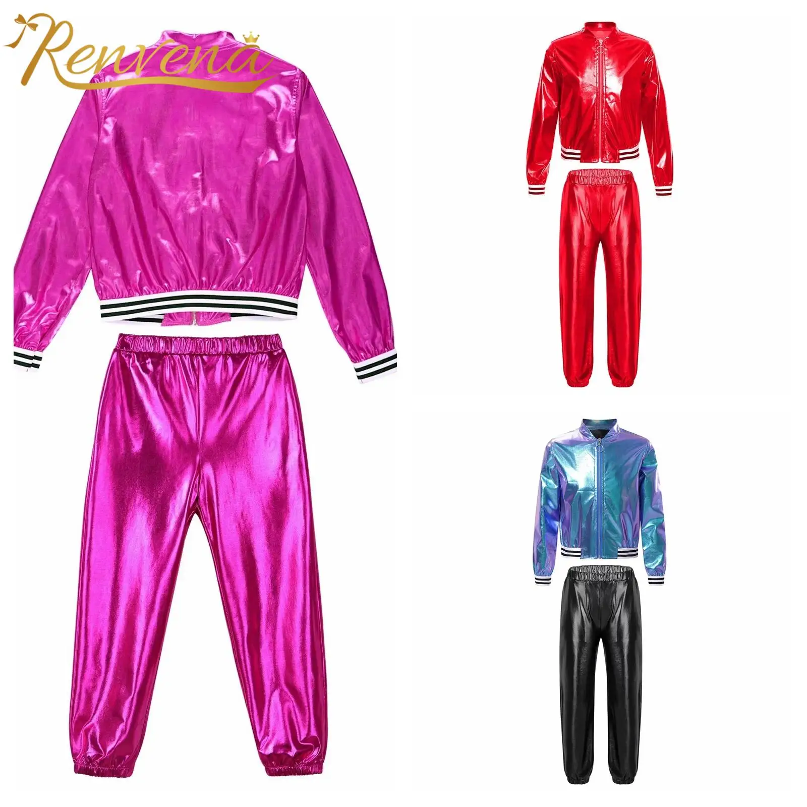 

Kids Girls Shiny Metallic Dance Performance Costume Children Hip Hop Street Dance Dancewear Workout Tracksuit Teen Clothes Sets
