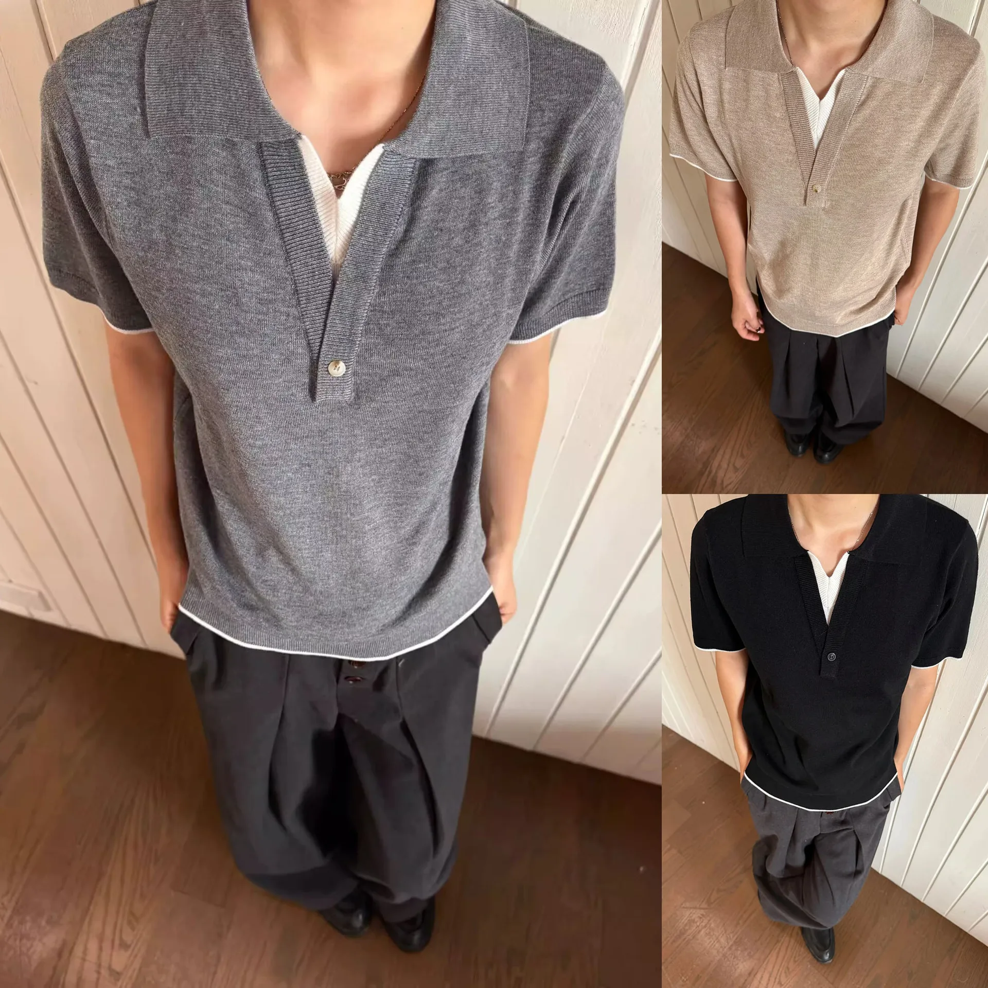 Summer Fake Two-Piece V-Neck Patchwork Lapel Short Sleeve Knit Polo Shirt Men's Premium Business Casual Top