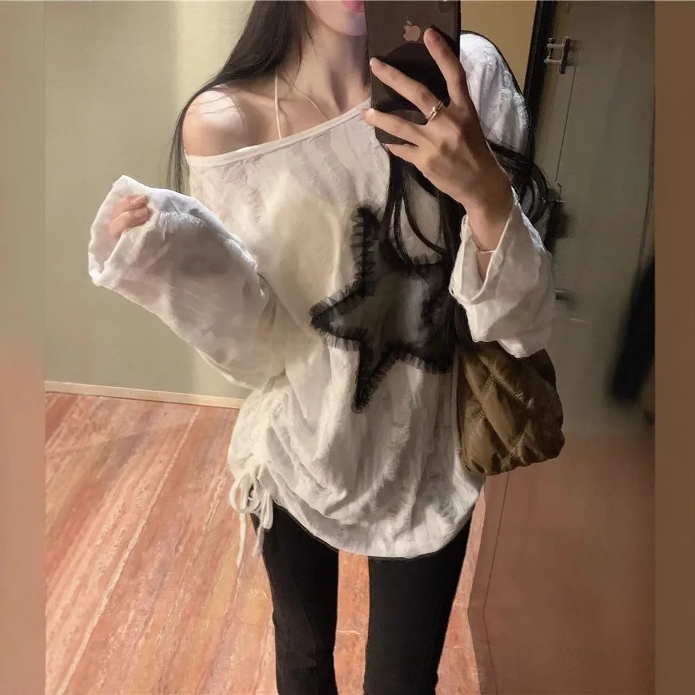 Design Feeling of Holes, Sunscreen, Off-the-shoulder Long Sleeve T-shirt, Women's Loose Drawstring Strap Top