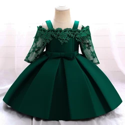 Toddler Bridemaids Party Baby Girl Dresses Long Sleeve Chritsmas Bow Baptism 1st Birthday Kids Dress for Girls Wedding Costumes