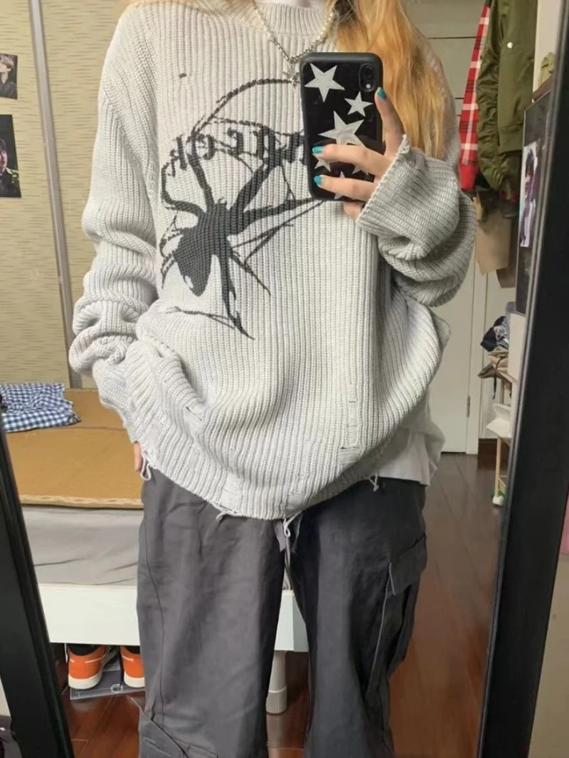 Vintage Tops Grunge Y2k Spider Print Harajuku Thin Sweater Women Gothic Ripped Jumper Streetwear Korean Oversize Hiphop Pullover