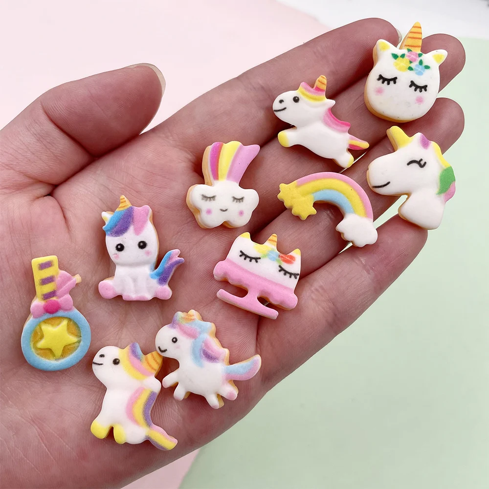 20Pcs Cute Mini Flatback Resin Cabochon Kawaii Unicorn Rainbow Biscuit Scrapbooking Craft DIY Hair Bows Accessories Phone Decor