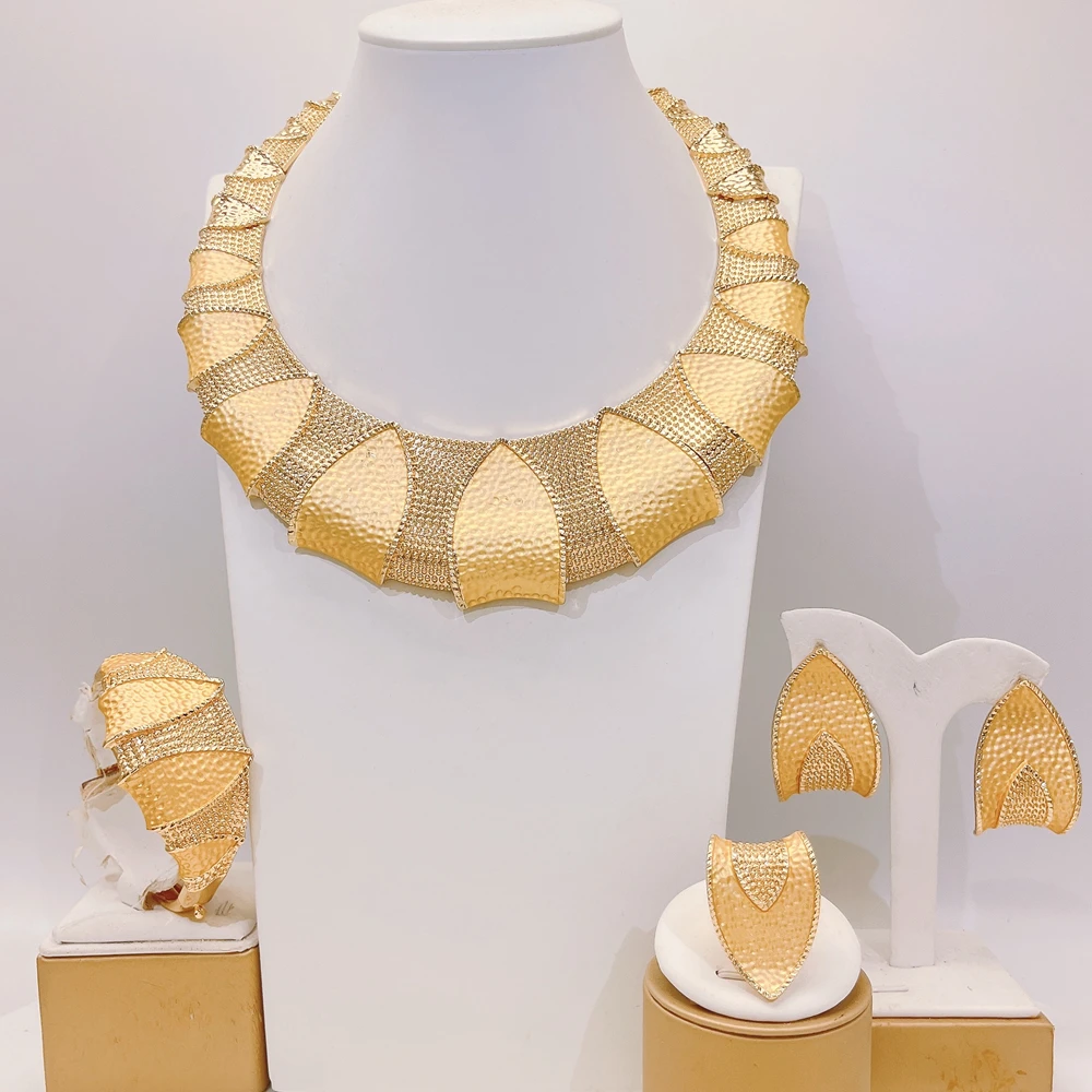Yulaili Gold Plated Geometric Rhinestone Necklace Bracelet Earrings Ring 4 Piece Set Women Party Chunky Jewelry I006320