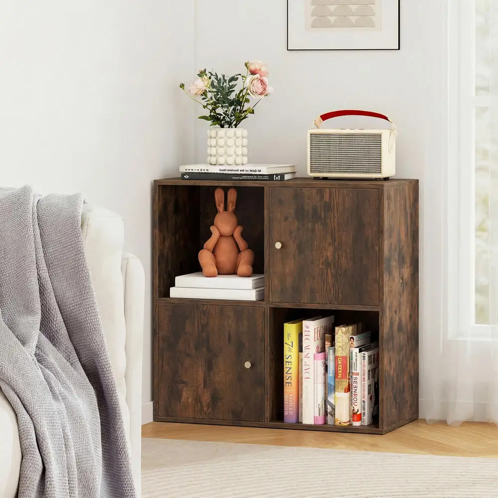 4-Cube Bookcase 3-Tier Bookshelf With Dual Anti-Tipping Kits And 2 Cabinets-Brown