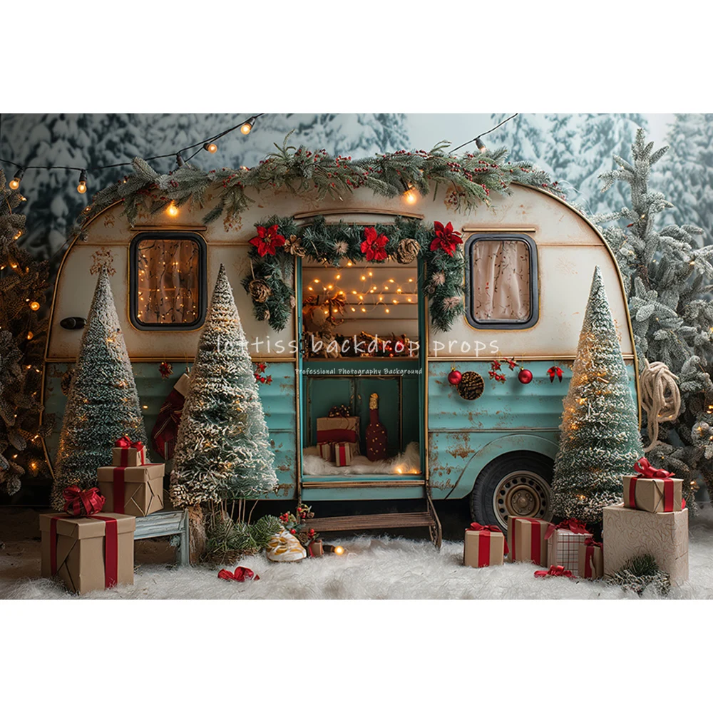 Winter Snowy Bus Backdrops Kids Child Photography Snowflake Jungle Forest Christmas Trees Backgrounds