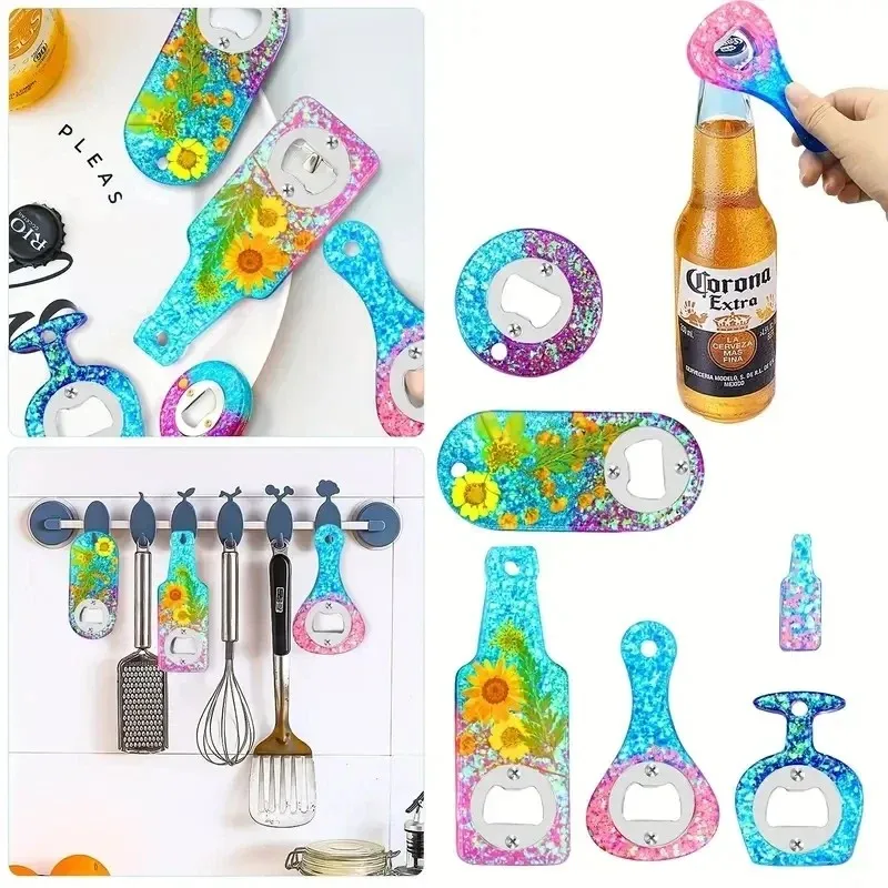 1Set Bottle Opener Resin Mold, Beer Opener Silicone Molds with Stainless Steel Resin Accessories for DIY Keychain Beer Spanner