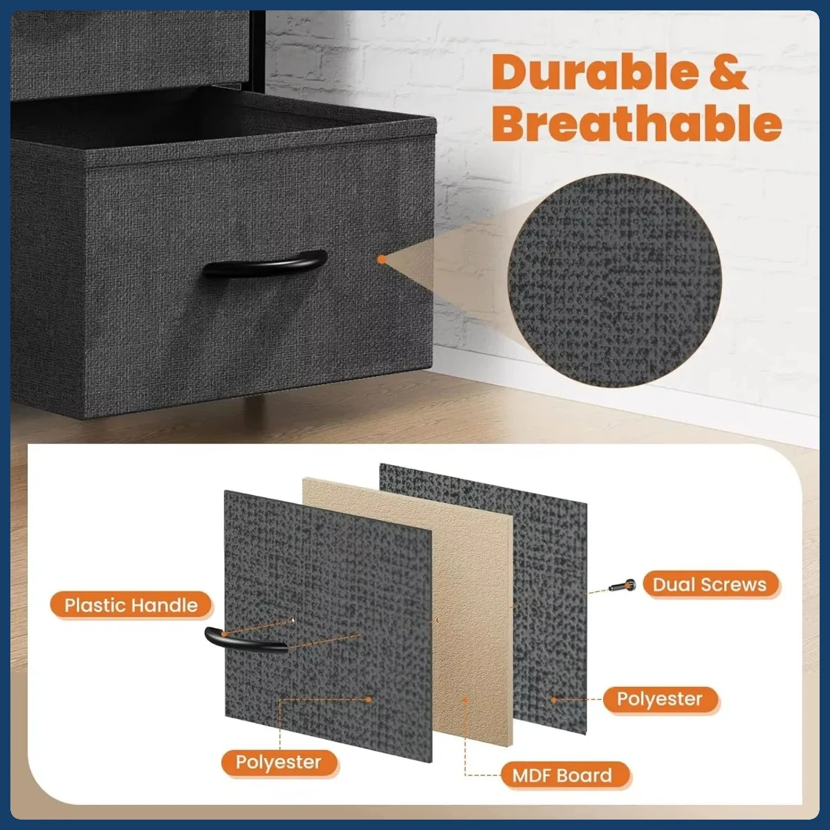 Comodino piccolo multifunzionale: 2 cassetti portaoggetti, piano in legno, armadietto in tessuto per l'organizzazione del comodino nella cameretta dei bambini o nel dormitorio