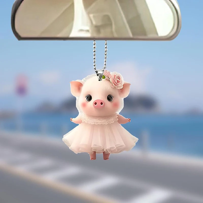 Cute Bicycle Smiling Piggy Car Charms Rearview Mirror Decoration Acrylic Piggy Car Decoration Pendant Car Decoration Accessories