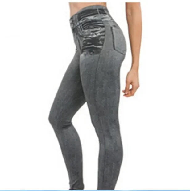 Legging en jean pour femmes, mode 2022, Faux Denim, Sexy, Long, poche imprimée, Legging d'été décontracté, pantalon noir Plus