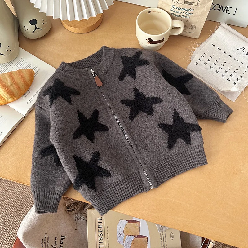 

Infant Baby Girl Sweater Stars Jacquard Plus Round Neck Toddler Girls Fleece Cardigan 2025 Winter Kids Baby Girl Casual Knitwear