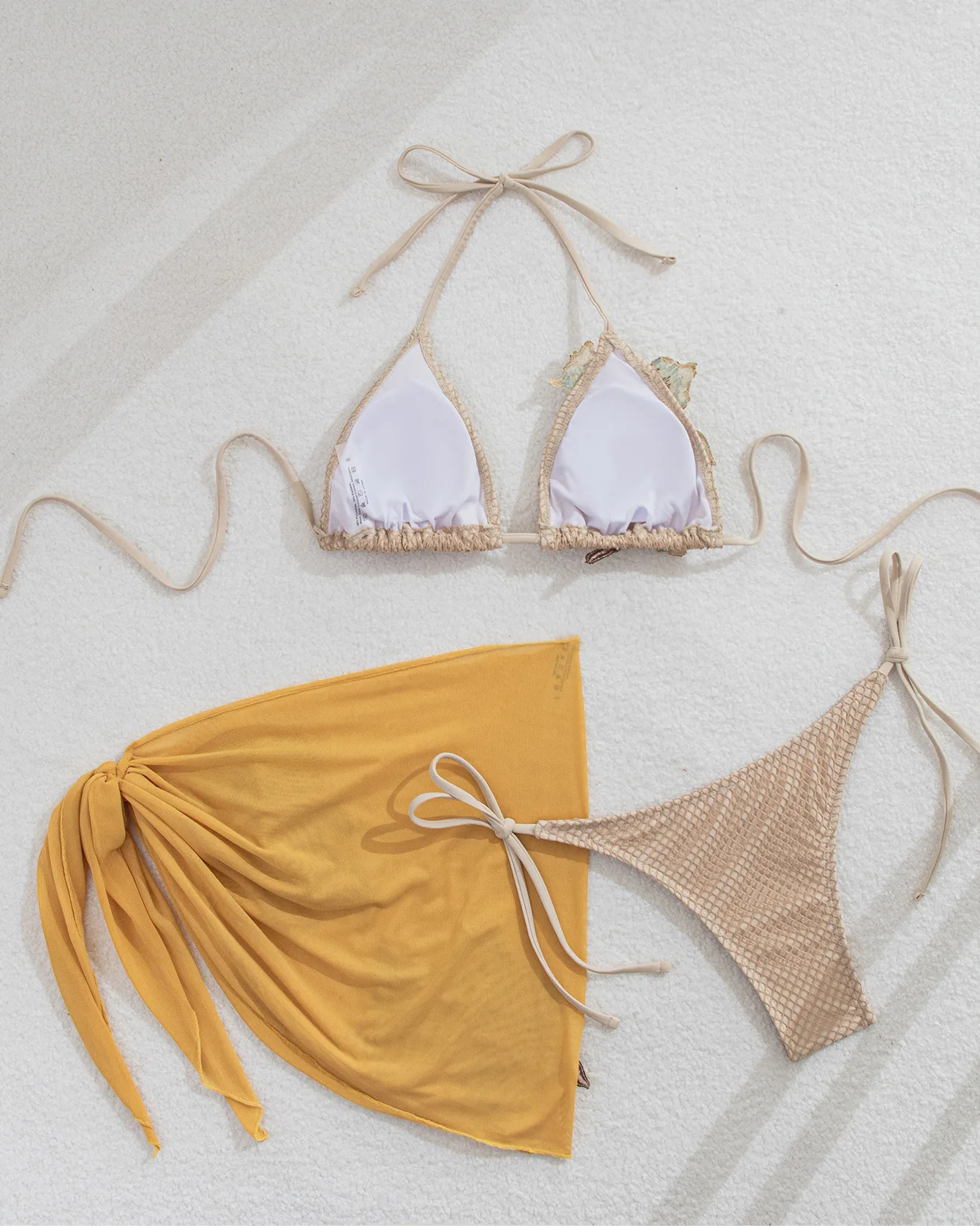 Sexy Mikro-Bikini-Sets mit Applikationen und Blumenmuster, 3-teilig, mit Netzüberzug, Rock, Badebekleidung, Badeanzug, Strand-Outfits, Badeanzüge, Biquini, Tankini