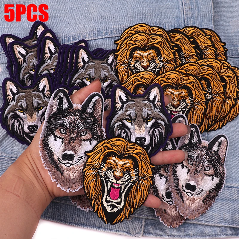 5PCS Ferocious Lion Wolf Embroidered Patches Muscle Animals Patch Iron On Patches For Clothing Bear Star Shark Ironing Badges