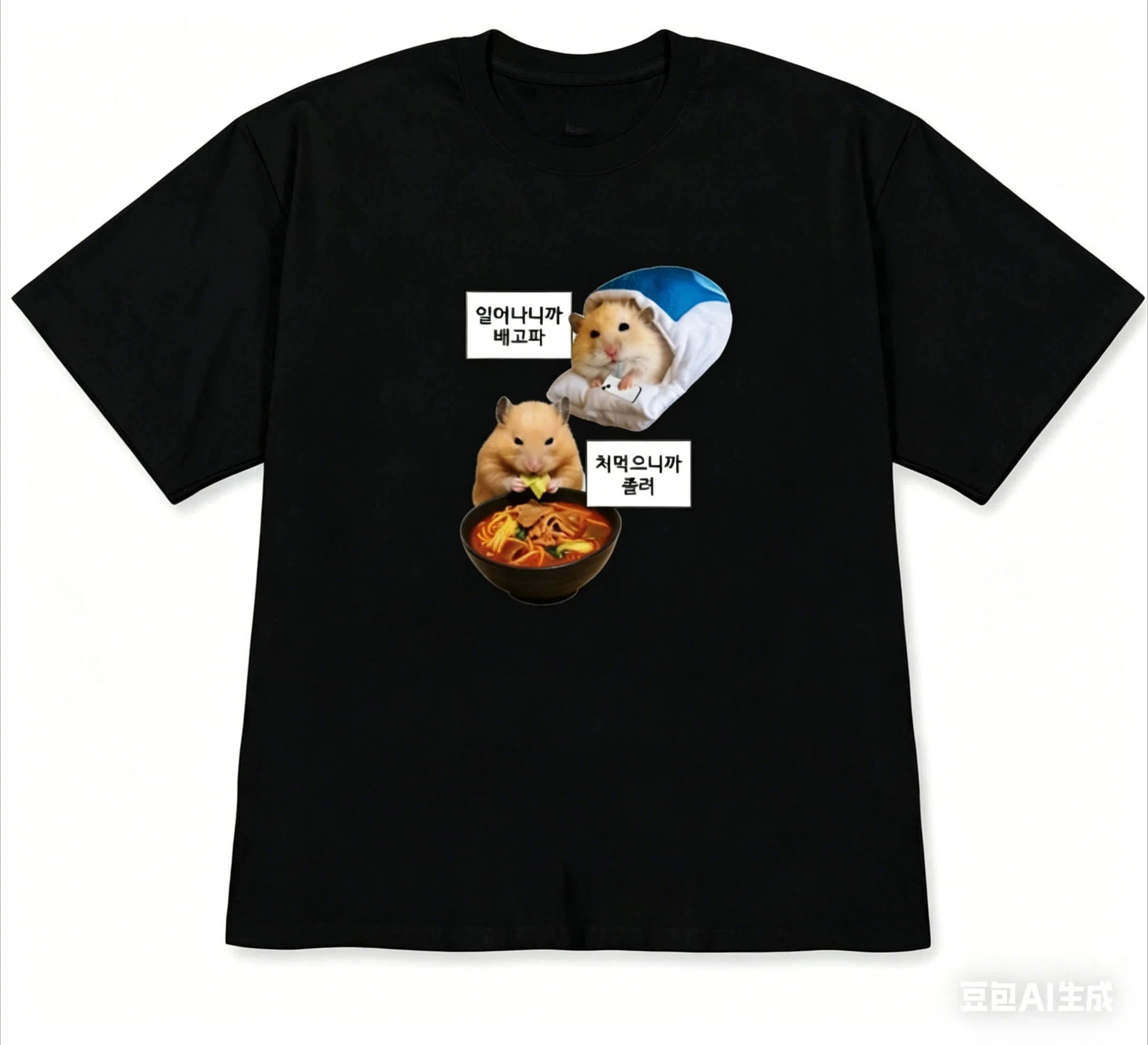 Men Women Cute Hungry Hamster Ramen Print Graphic Tees Crew Neck Short Sleeve Street T‑Shirt Foodie Casual Fashion Top