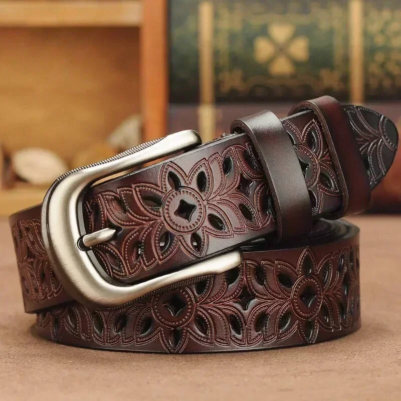 New Women\'s Belt Fashion Genuine Leather Belt Needle Buckle Decoration Cowhide Hollow Versatile