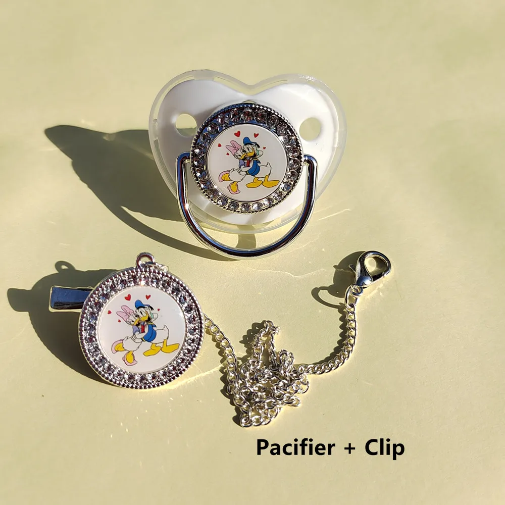 2022 New Baby Luxury Pacifier Cartoon Donald Duck Image Personalized Pacifier Chain Clip Set Toddler Newborn Nipples Baby Shower