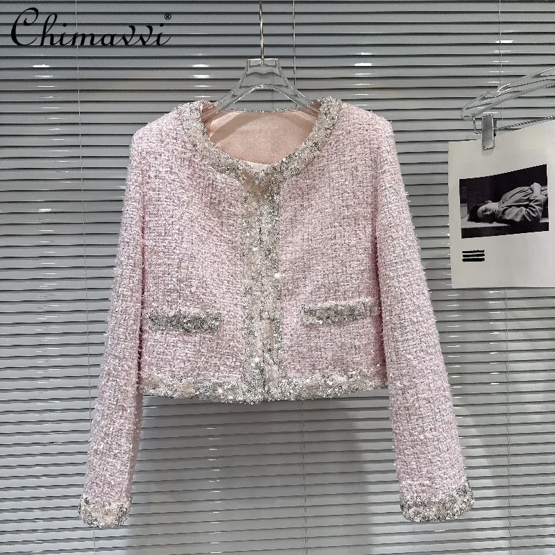 

2025 Autumn Clothes New Fashion Sequin Edge Tweed Coat Light Luxury Socialite Long Sleeve Elegant Commuter Women's Jacket Top