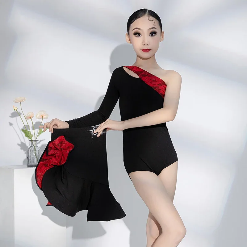 Skirts Suit Chacha Rumba Tango Latin Performance Dress Professional Latin Dance Costumes For Girls Single Sleeve Split