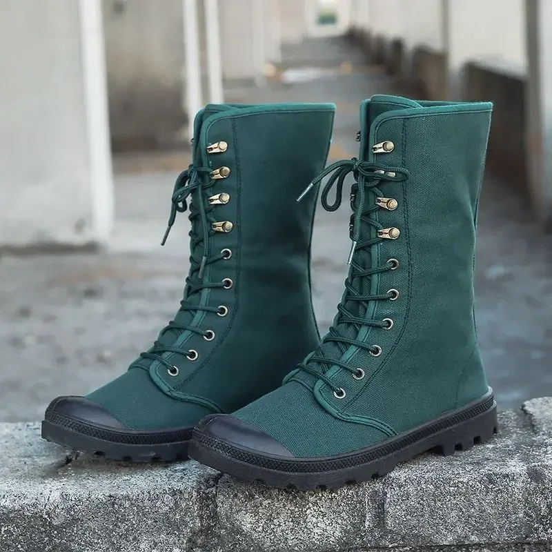 Men's Spring Autumn High Top British Canvas Mid Calf Work Boots Outdoor Anti Slip Sand Dust Resistant Tongue Integrated