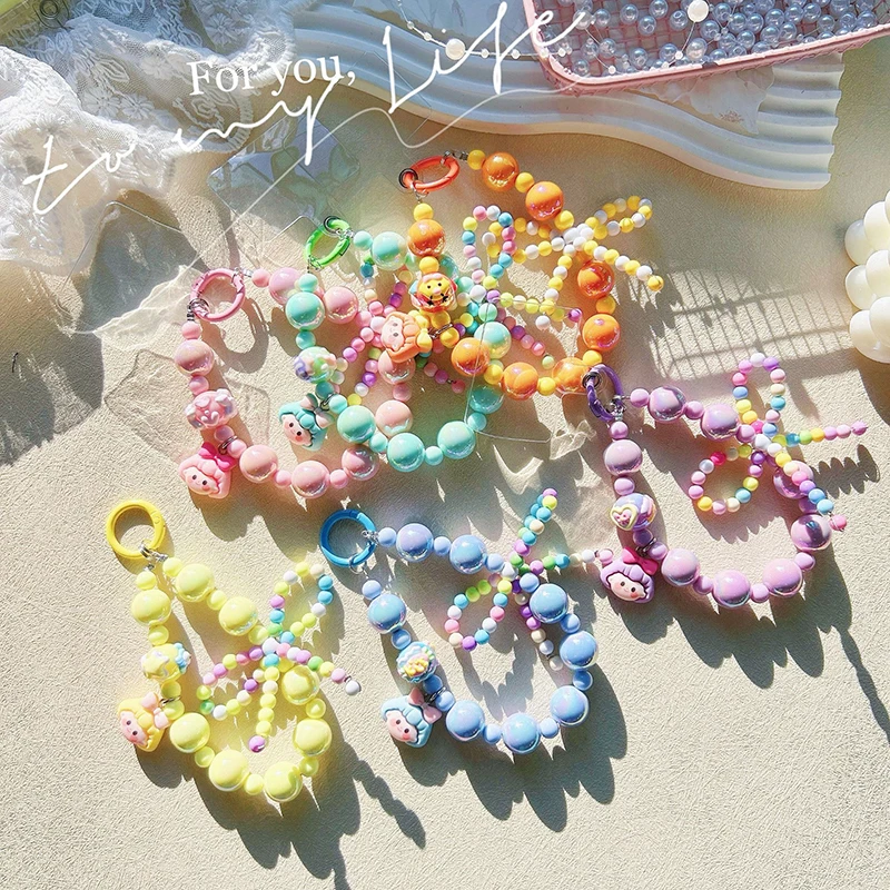 Cute Bowknot Beads Phone Chain Keychain Sweet Girl Anti-lost Wrist Strap Bracelet Earphone Case Charm Bag Decor