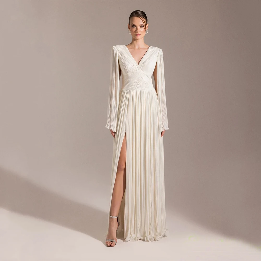

Customized Classic Chiffon Criss-Cross Draped Pleat A-line V-neck Long Dresses Bespoke Occasion Dresses Casual Fashion Elegant