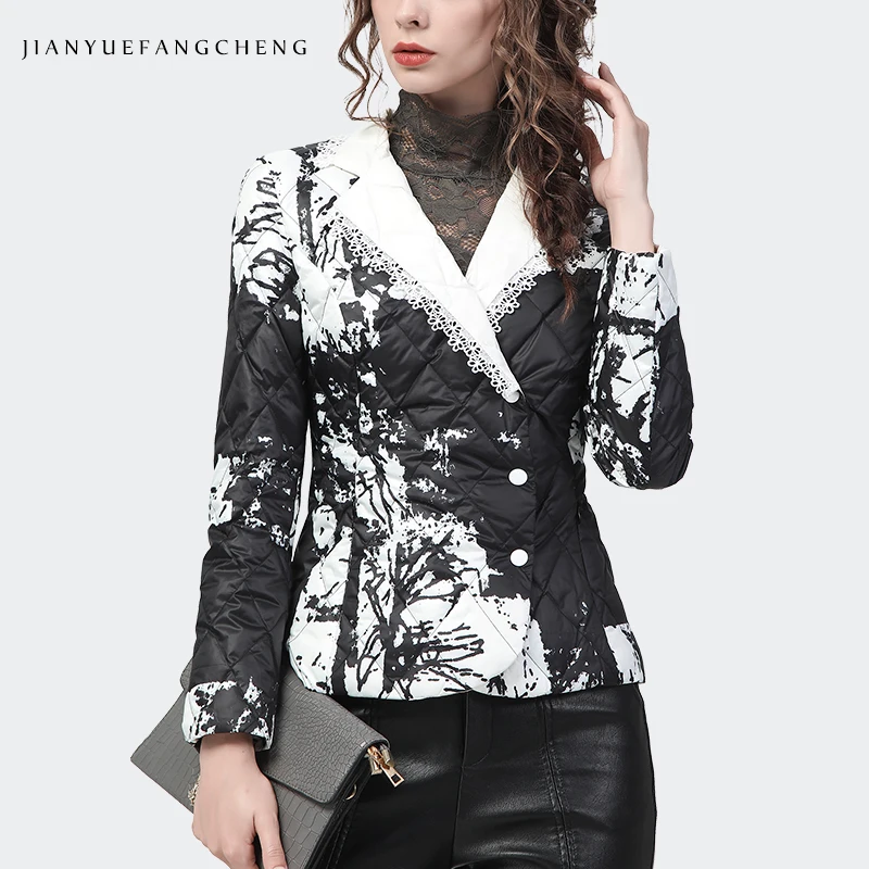 Fashion Black-White Print Women\' Down Jacket 2022 Winter Slimming Short Warm White Duck Down Padded Puffer Coat Suit Collar Tops