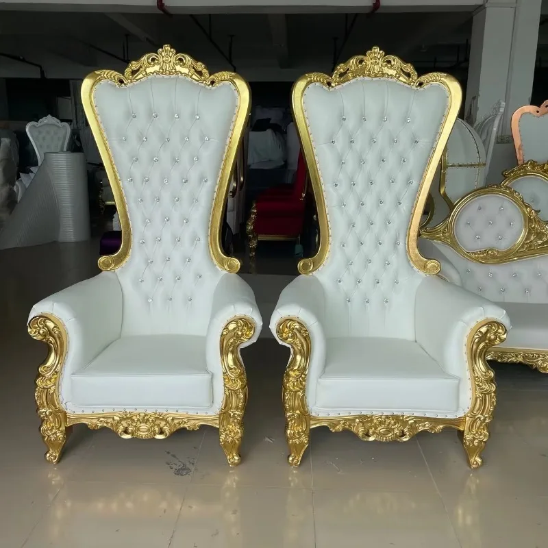 Luxury royal style gold wood carving flower high back king and queen wedding seat, suitable for the bride and groom