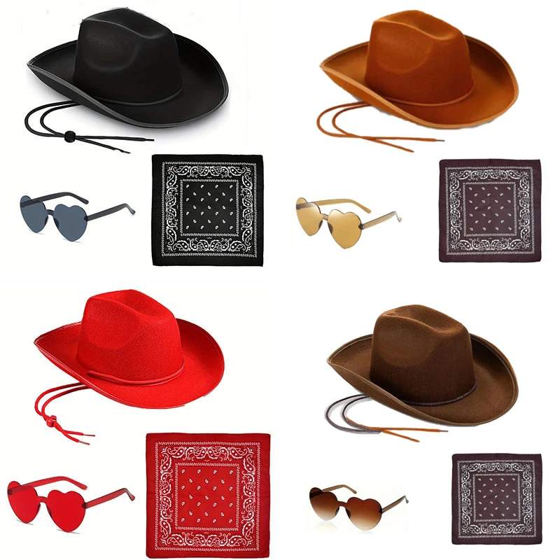 3pcs Adult Western Cowboy Costume Accessories Lace Up Cowboy Hat Handkerchiefs Glasses Set Men Women Halloween Party Dress Up