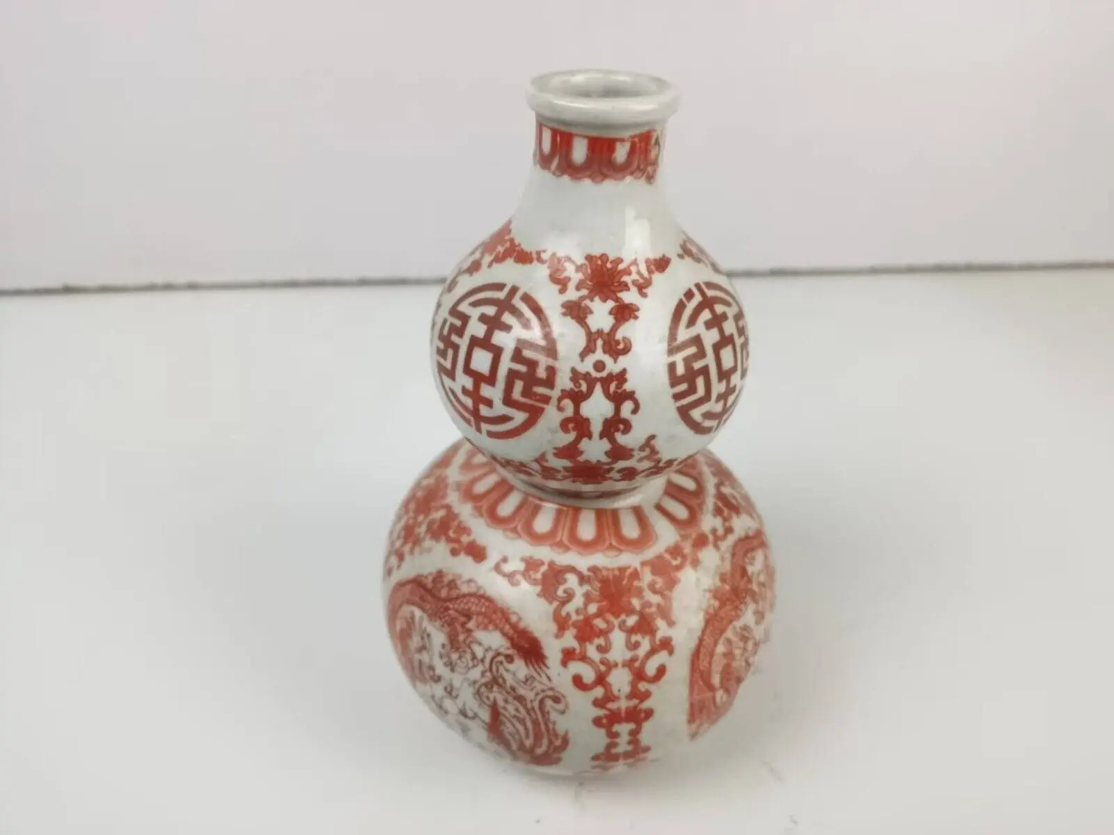 Chinese Old porcelain FOLK ART Collection,Hand Painted Red Blessing Pattern, gourd Vase
