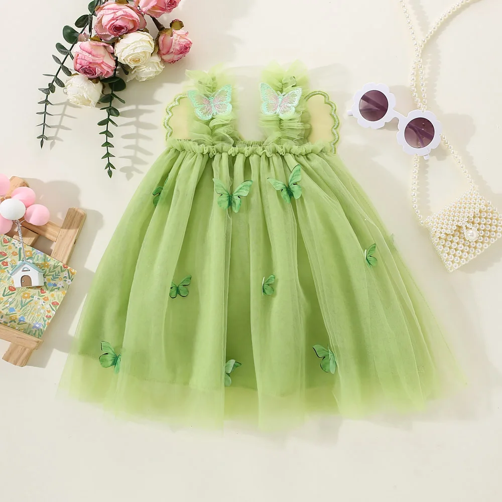 Summer New Baby Girl Solid Color Dress Cute Butterfly Suspender Children'S Clothing (9 Months -3 Years Old)