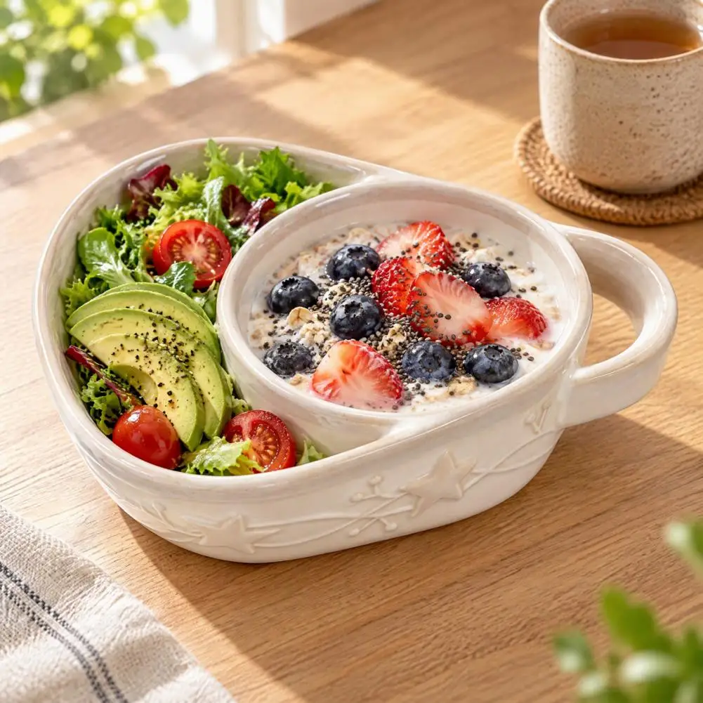 Ceramic Divided Serving Plate, Fan-Shaped Sectional Tray with Handle for Breakfast Snack Fruit, Multi-purpose Soup And Salad Bow