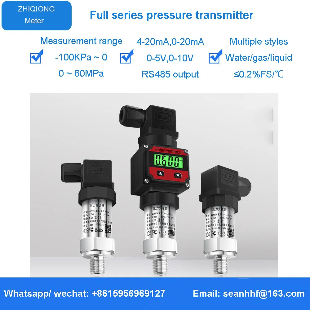 Pressure Transmitter With LED LCD Display G1/4 12-36V 4-20mA 0.5% 0-600bar Optional Stainless Steel Pressure Transducer Sensor