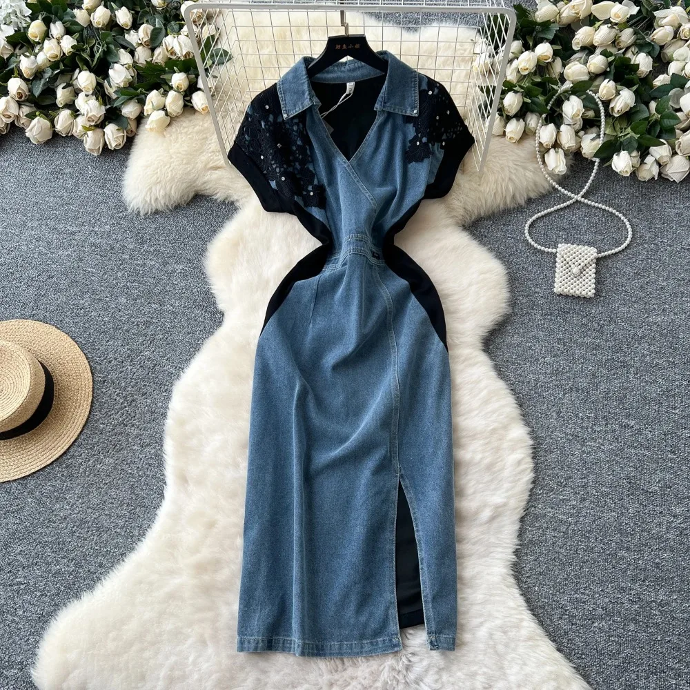 

Шикарное элегантное корейское модное сказочное сексуальное платье с высокой талией и разрезом поло, платье для летних каникул