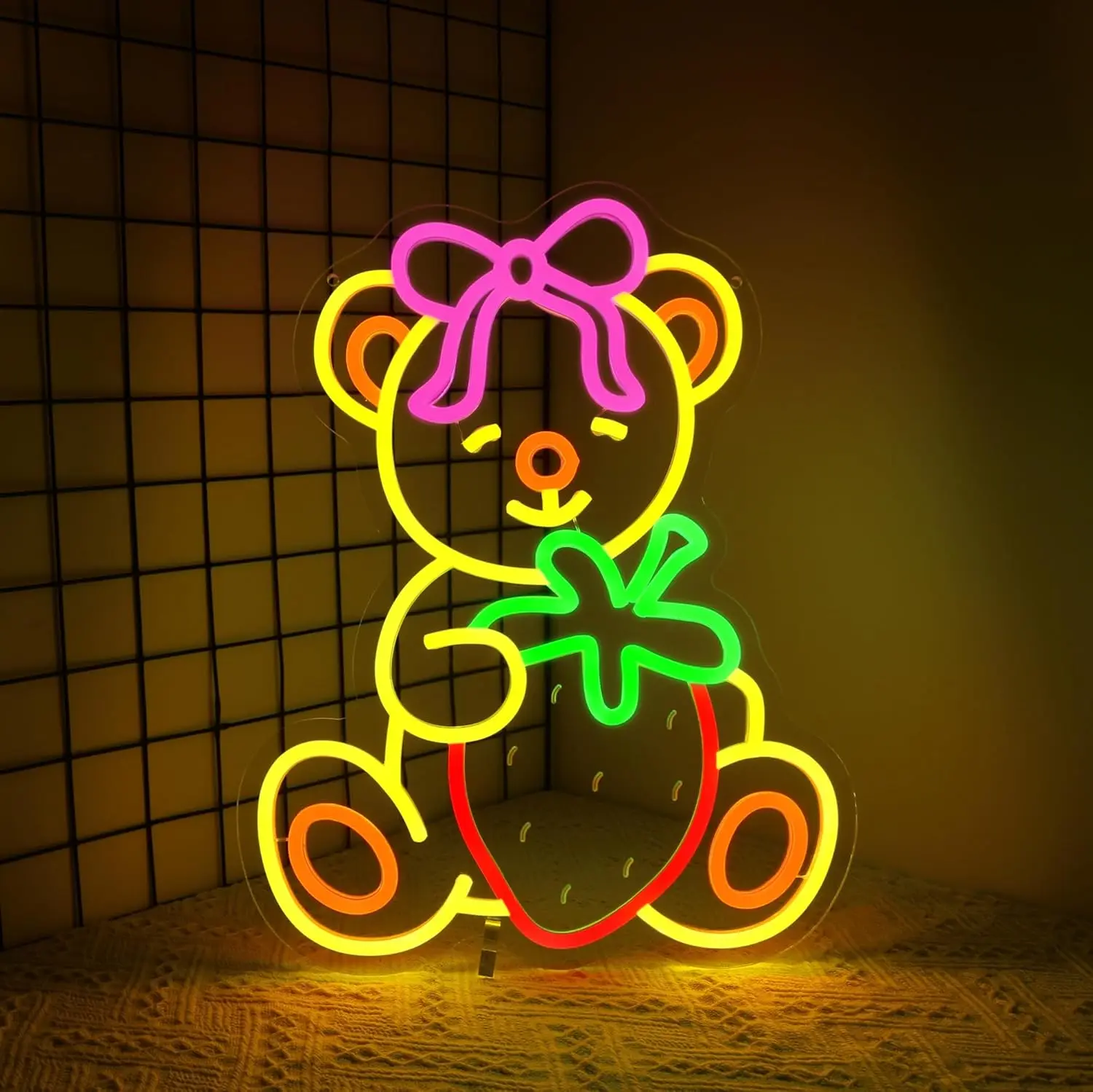 Strawberry Bear Neon Sign for Wall Decor, USB Powered LED Neon Lights for Bedroom, Bar, Cafe, Shop Advertising & Gift