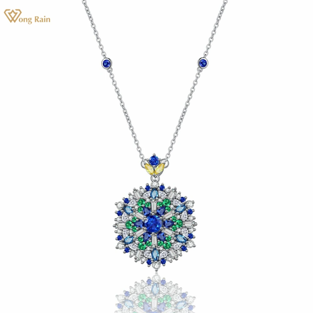 Wong Rain 100% 925 Sterling Silver Sparkling 6 MM Sapphire High Carbon Diamond Gemstone Pendant Necklace Fine Jewelry Wholesale