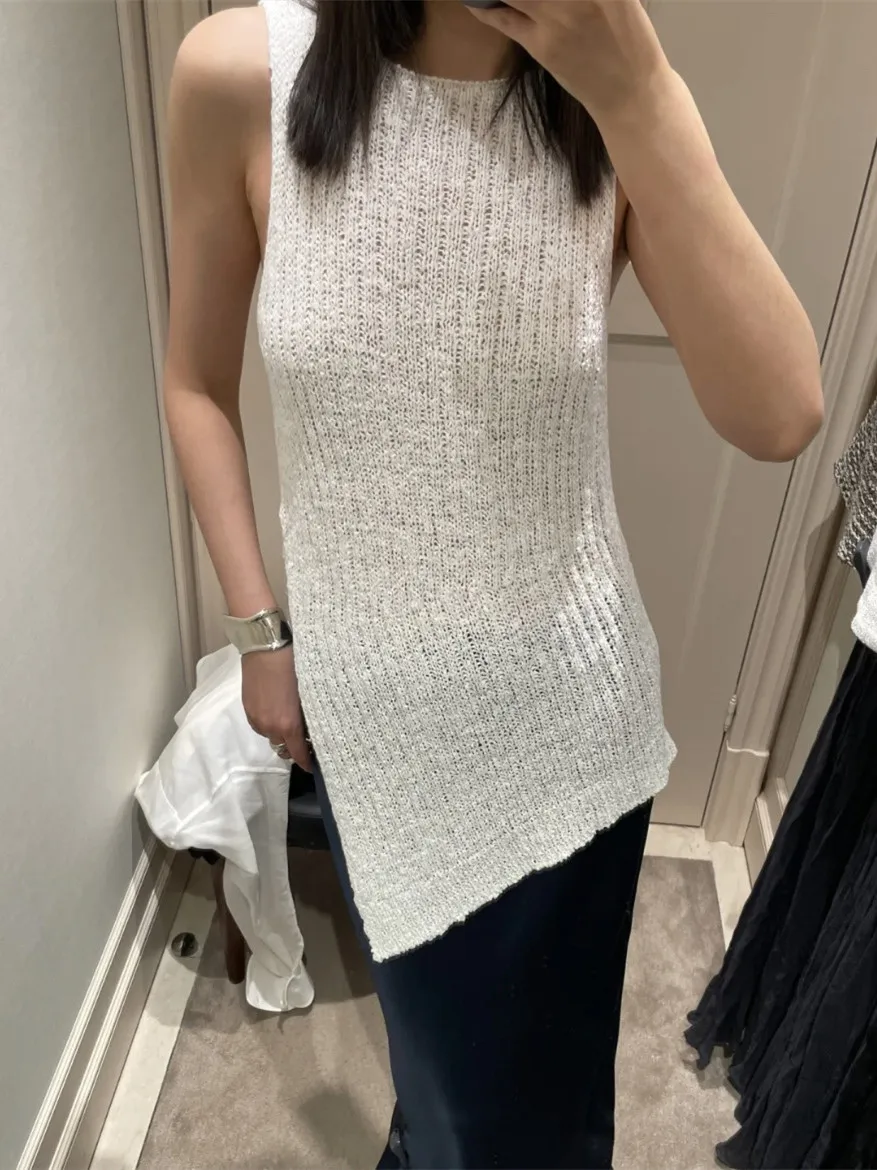 Women White Knitted Vest Sleeveless Thin Summer New 2024 O Neck Irregular Hem Casual Ladies All-Match Tank Tops