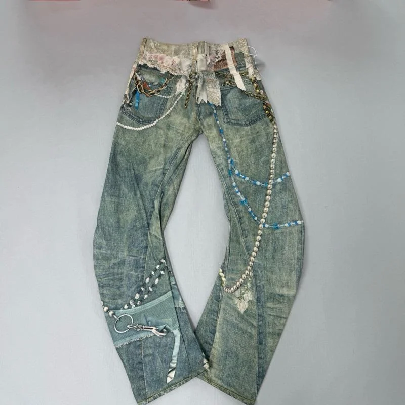 HKSH Spring Autumn New Men Tide Chic Ins Fashion Light Luxury Denim Pants Lace Pearl Chain 3D Print Punk Jeans Women Y2K HK26841