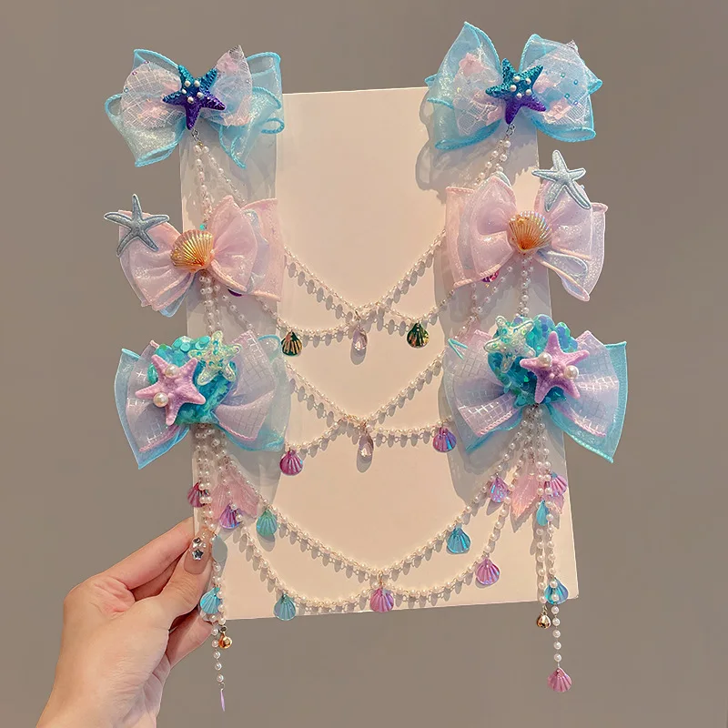 1Pcs Meerjungfrau Hime Bogen Strap Haar Clip Fee Air Mesh Sea Star Shell Dekoration Kinder Prinzessin Haar Zubehör Party haarspange – Detail 6