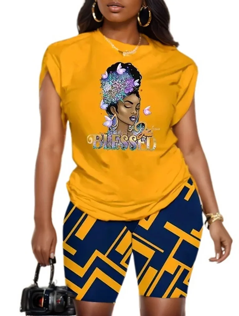 

Женские повседневные летние комплекты из двух предметов, шорты с принтом, женские футболки с круглым вырезом и короткими рукавами, пуловеры, брючный костюм с высокой талией