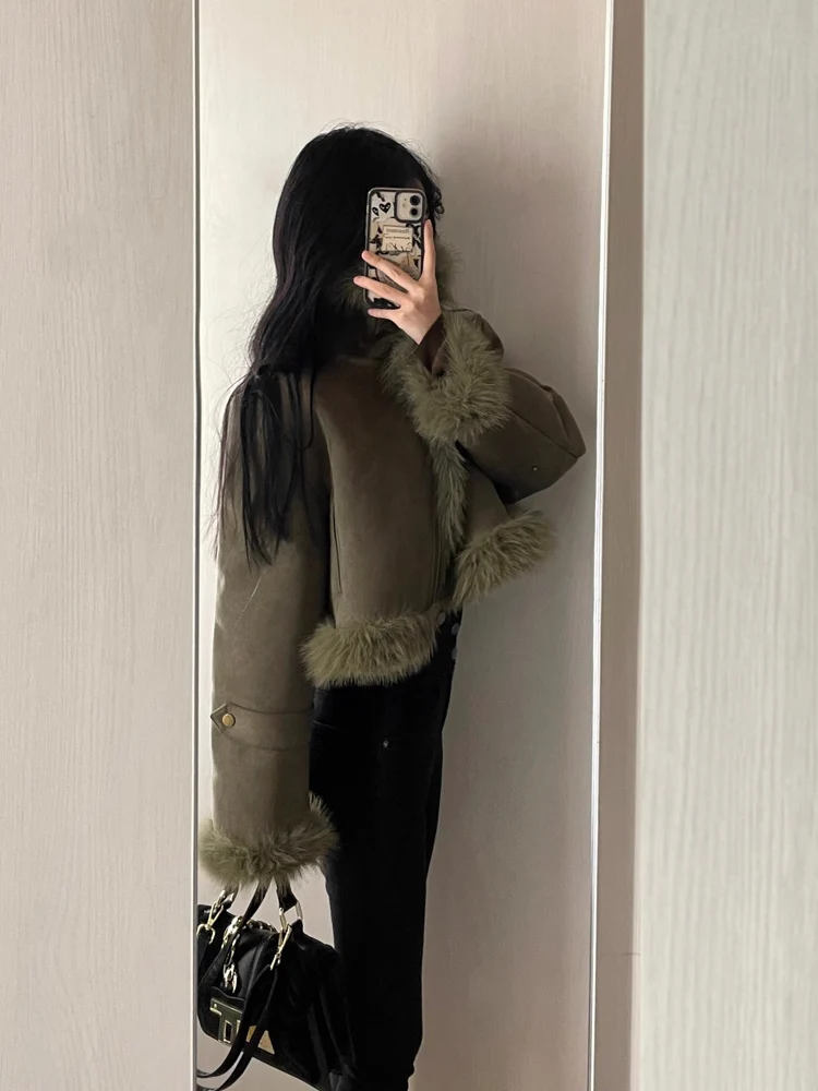 Jacket Women\'s Stitching Short Leather and Fur Suede Thickened Green Lapel Long Sleeve Loose Autumn Winter High-Grade Clothing