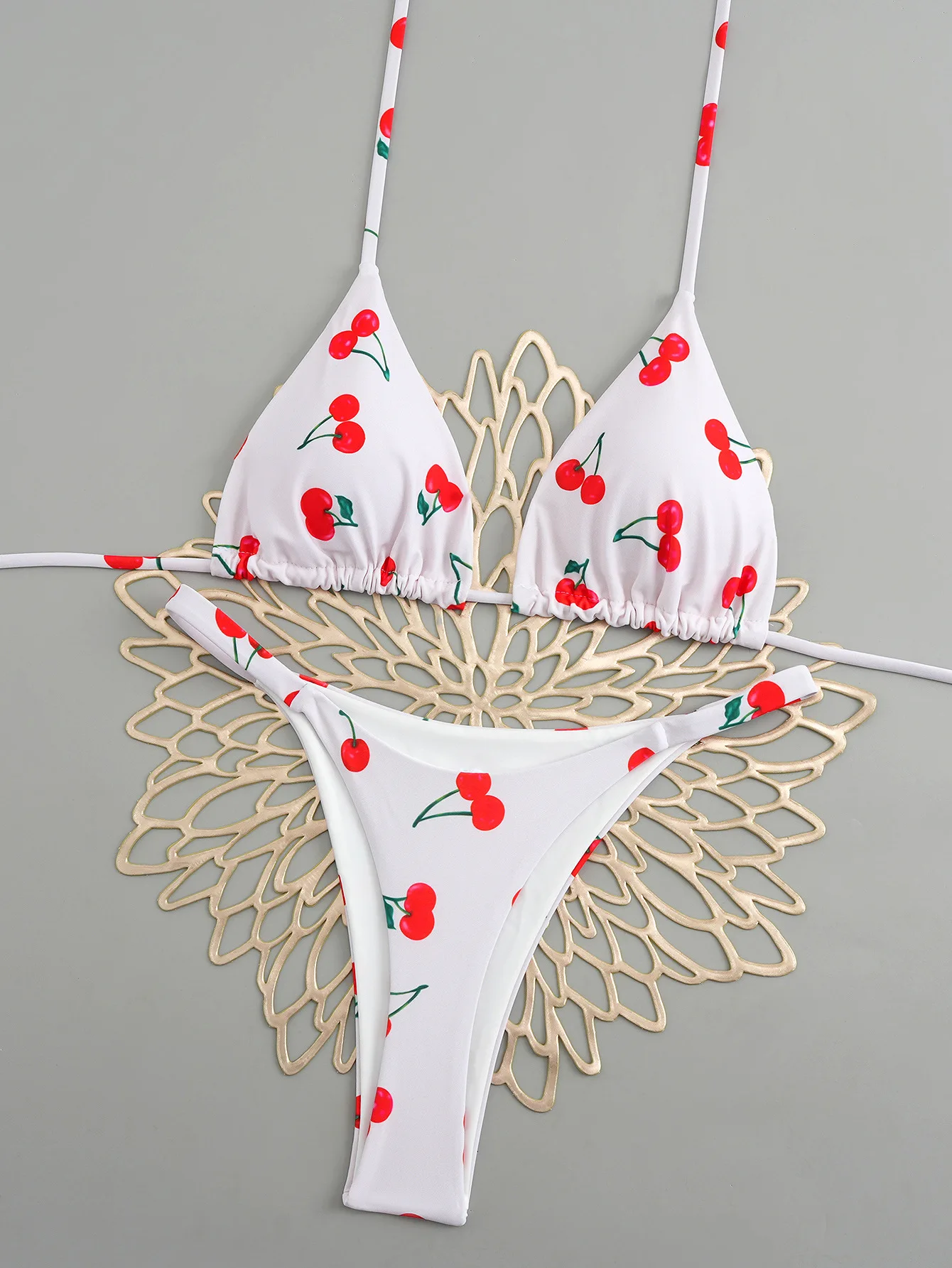 Sexy Kirschdruck Dreieck Brasilianischer Bikini Push Up Badeanzug 2-teiliger String Bandage Bikinis Bademode Damen Tanga Badeanzug