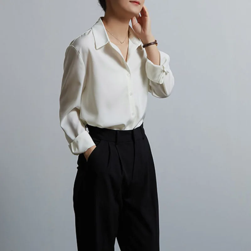 Spring Autumn Elegant Satin Women's Blouses 2025 New Long Sleeve Single Breasted Office Lady Loose Shirts Tops Female