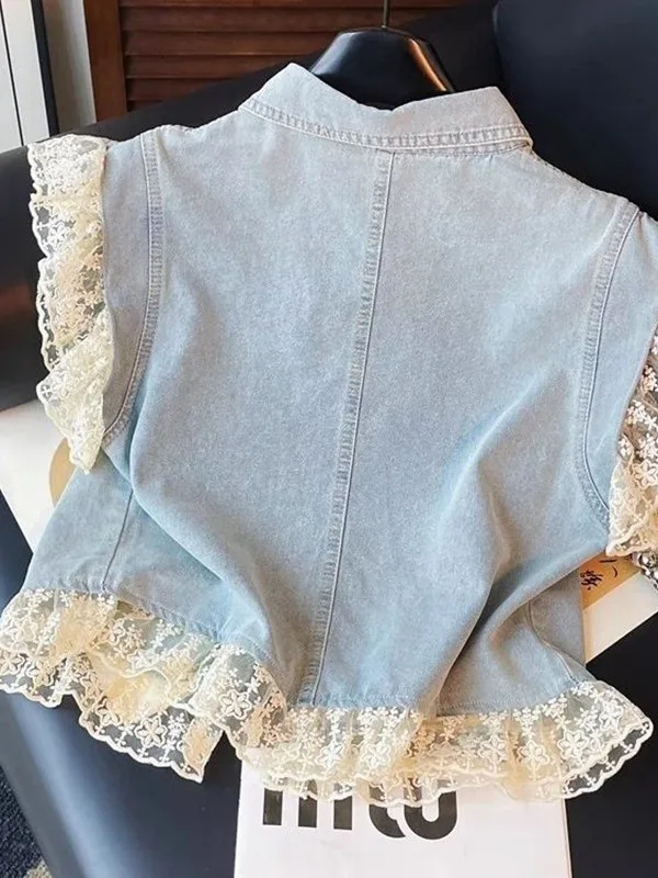 

Summer New Lace Splicing Simple Casual Embroidered Denim Fashionable Personality Open Cardigan Short Sleeve Top Women's Vest