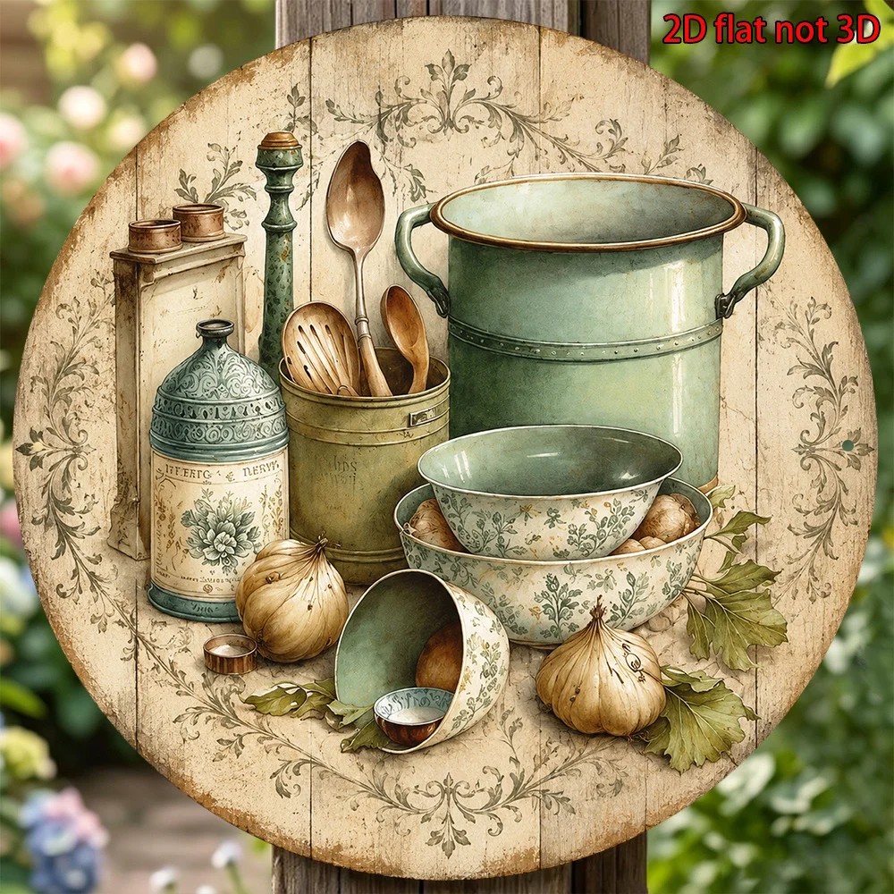 2D Flat Round Aluminum Sign, Vintage Aluminum Plaque Featuring Kitchen Utensils, Rustic Farmhouse Style Decorative Sign
