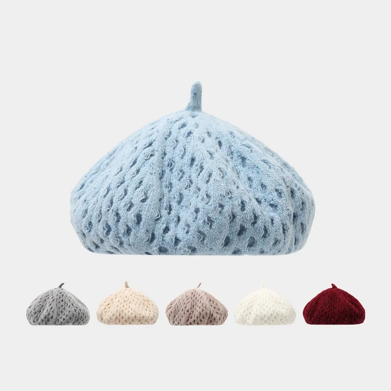 Koreanische minimalistische, durchbrochene Strickmütze mit Pailletten, Kürbismütze für Damen, für Herbst und Winter, weiche, lässige Malermütze im literarischen Stil. – Detail 2