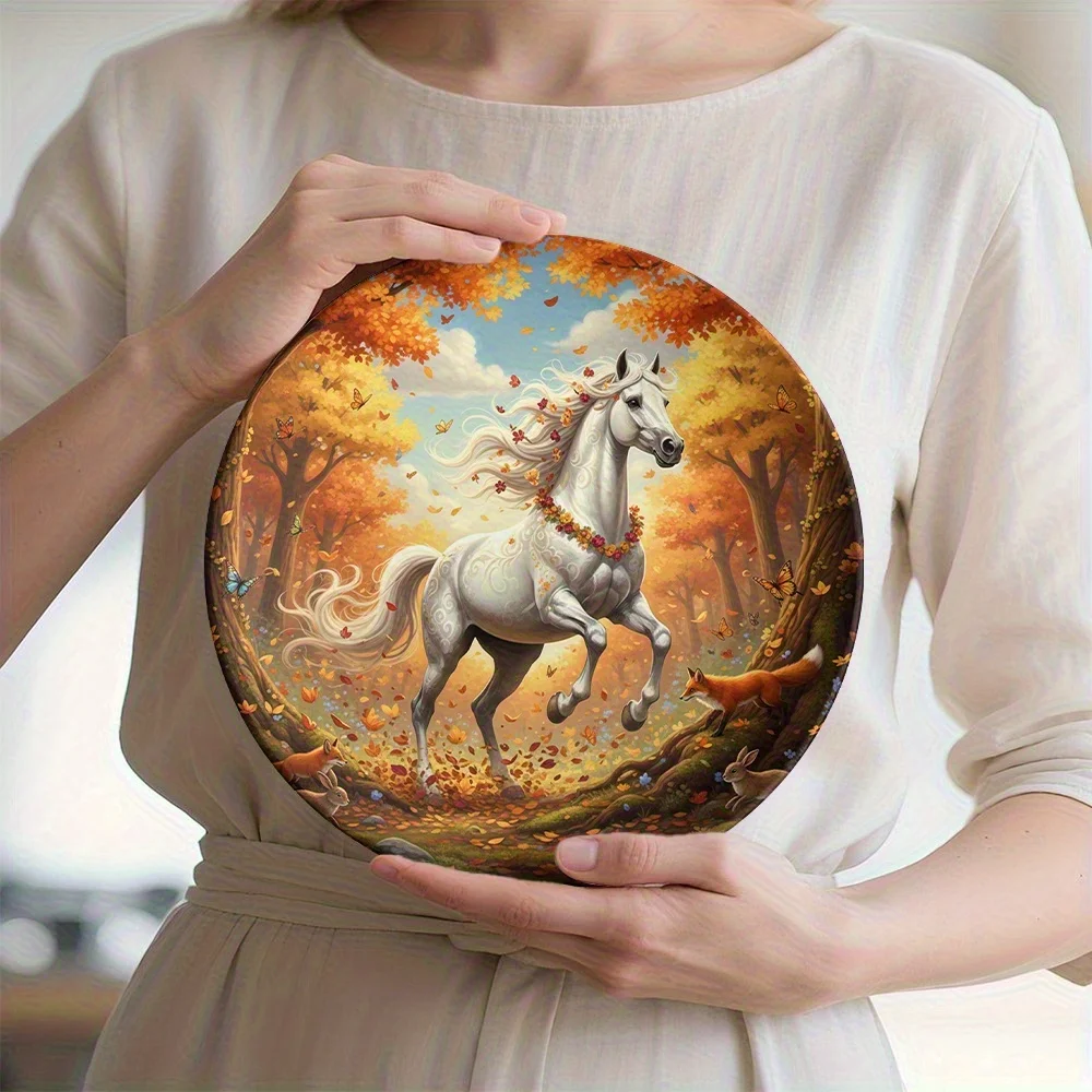 1pc White Horse in Autumn Designed Decorative Plate | Ceramic Round Plate, Non-Food Contact, Novelty Fashionable Decor for Wall