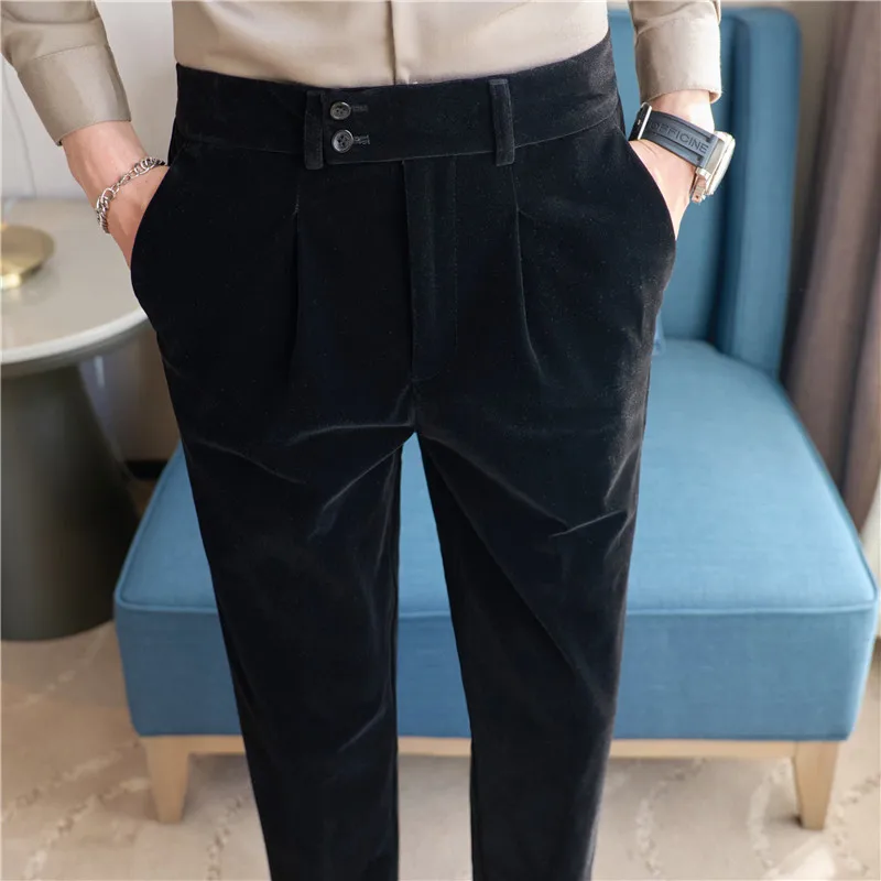 

Men's High Quality Corduroy Suit Trousers Thicken Keep Warm Pantalones Hombre Stripe Casual Slim Fit Dress Pants Brand Clothing