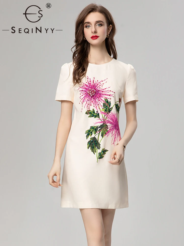 

SEQINYY Beige Mini Dress Summer Spring New Fashion Design Women Runway Purple Flower Print Beading Short Sleeve Casual