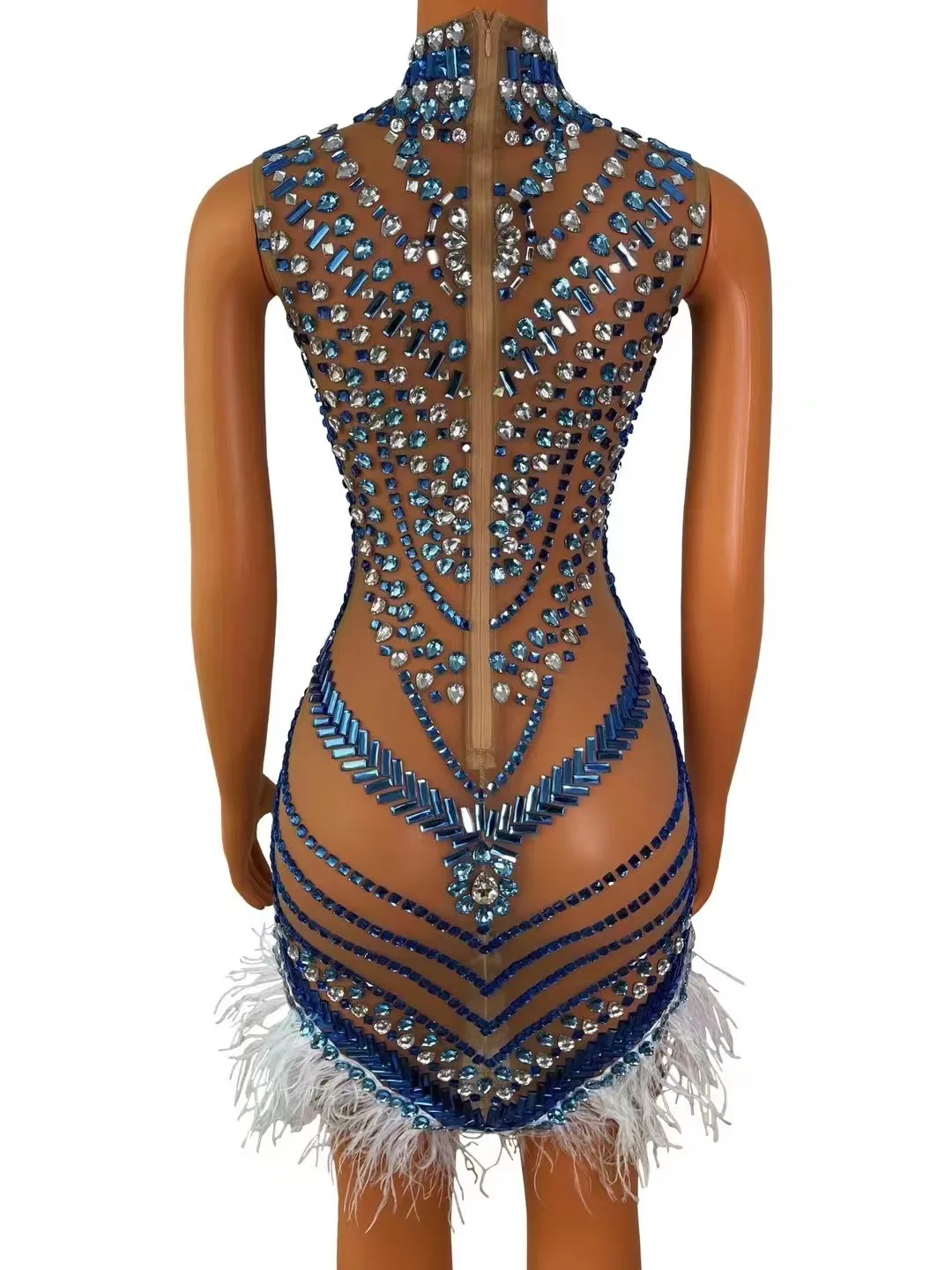 Women Sexy Stage Sparkly Blue Silver Rhinestones Feather Transparent Dress Evening Birthday Celebrate Costume Photo Shoot Dress