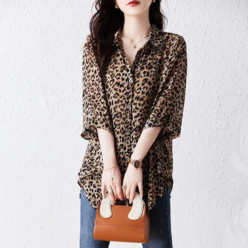 Women's Fashion Lapel Print Leopard Chiffon Blouse Summer Long Vintage Loose Top