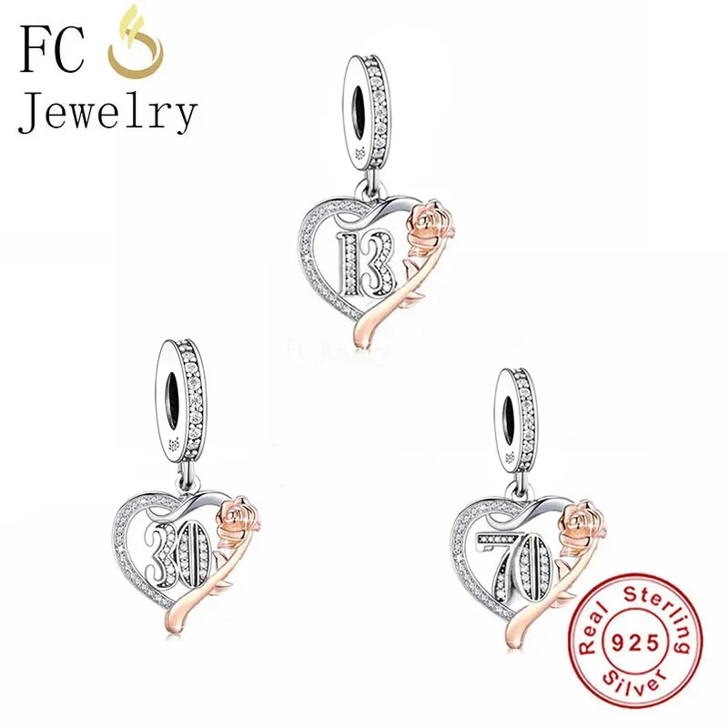 Fit Original Pan Charm Bracelet 925 Silver Rose Flower Birthday Number Bead For Making Women Girfriend Valentine Berloque